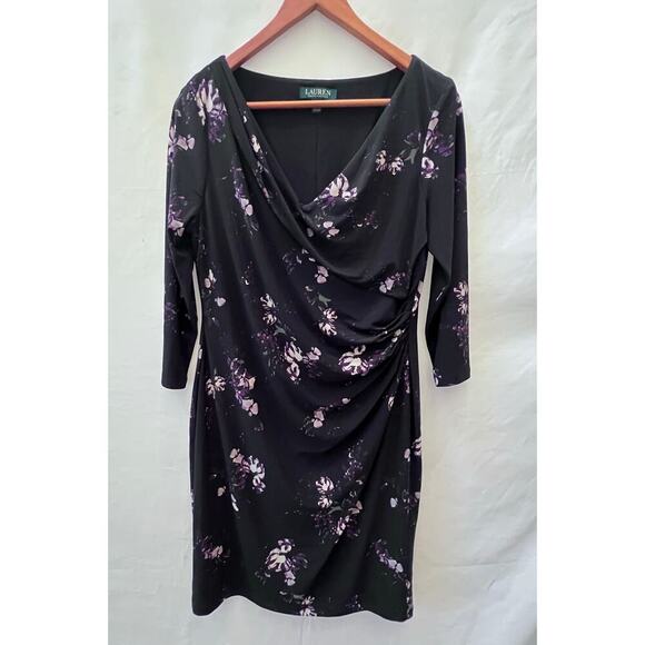 Lauren Ralph Lauren Women's Floral Black V-Neck Ruched 3/4 Long-Sleeve Dress 14P - Picture 2 of 9